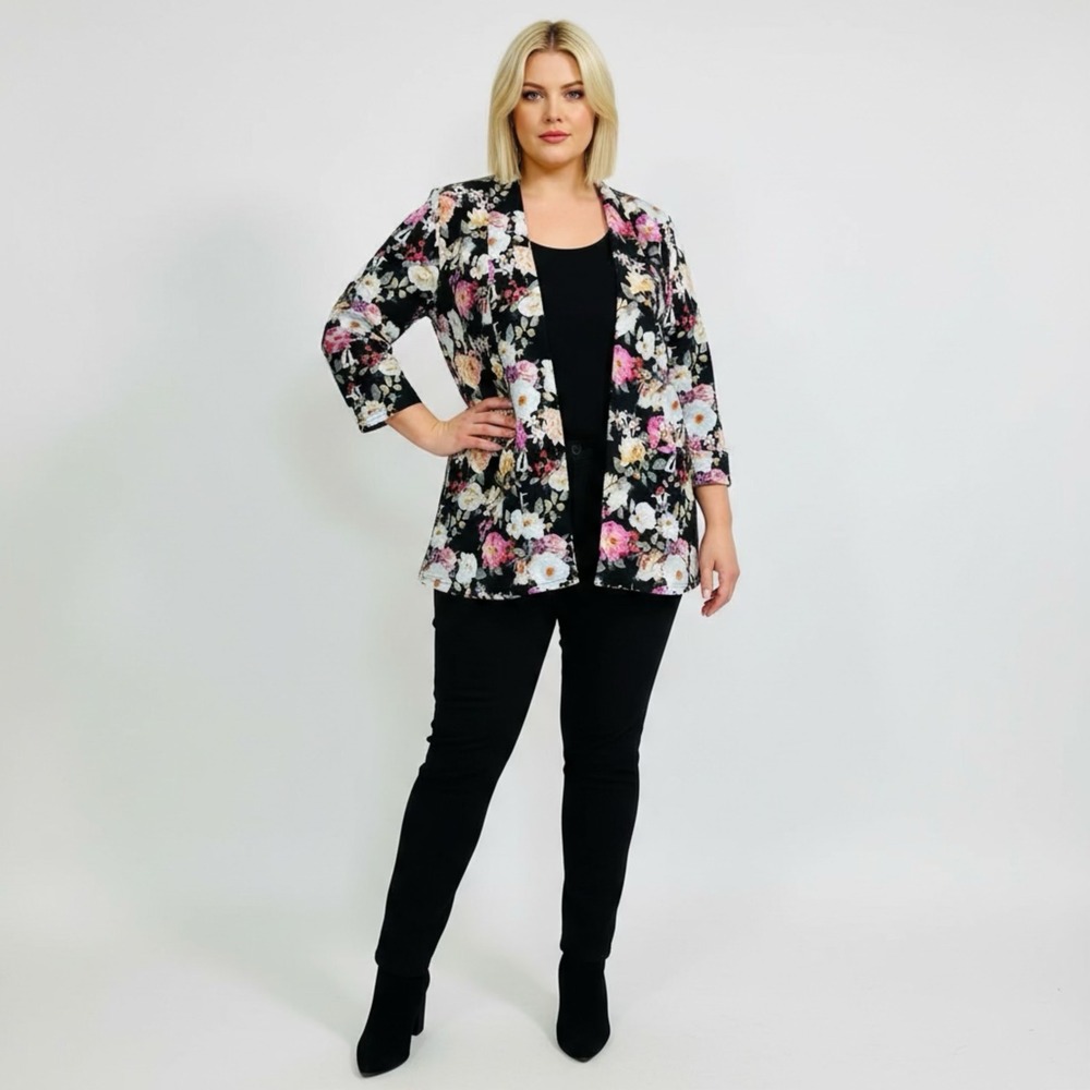Hamilton Women Floral Stretchy Blazer Black Pink Textured Knit Open Front Hook